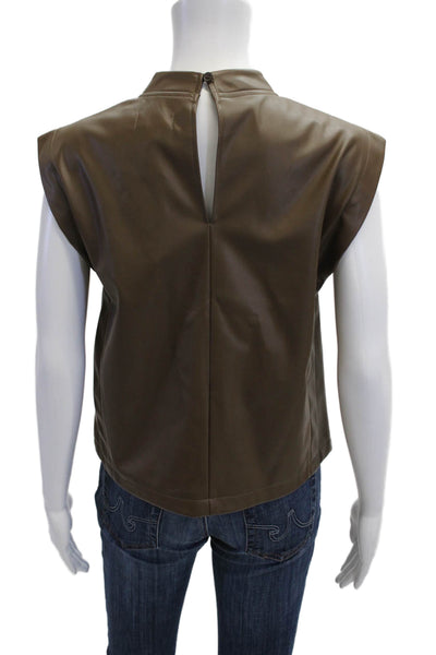 Steve Madden Women Faux Leather Mock Neck Sleeveless Button Basic Top Size S