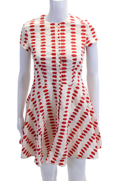 Zara Women Fit & Flare Mini Beige Graphic Crew Neck Short Sleeve Dress Size XS