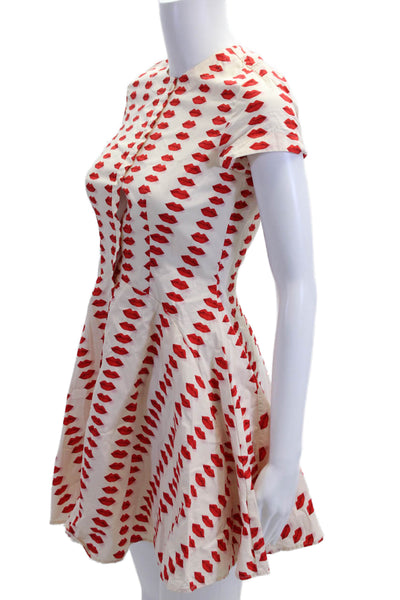 Zara Women Fit & Flare Mini Beige Graphic Crew Neck Short Sleeve Dress Size XS