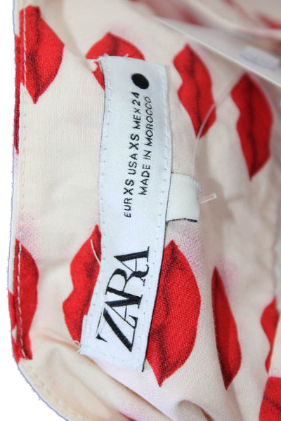 Zara Women Fit & Flare Mini Beige Graphic Crew Neck Short Sleeve Dress Size XS