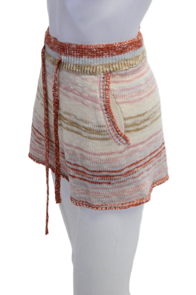 Lush Unisex Sweat Shorts Beige Striped Acrylic Blend Drawstring Bohemian Size S