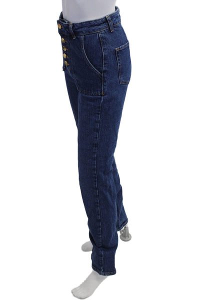 Zara Womens Straight Jeans Dark Blue High Rise Button Size 0