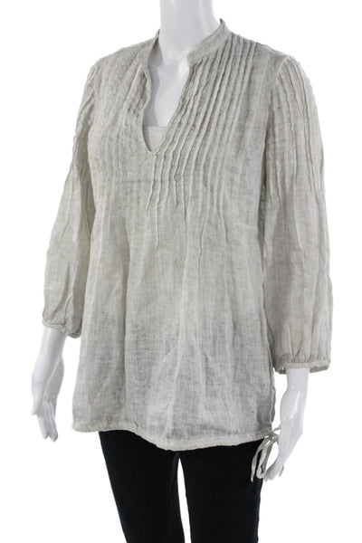 120% Lino Womens Tunic Beige 3/4 Sleeve Linen Bohemian Size M