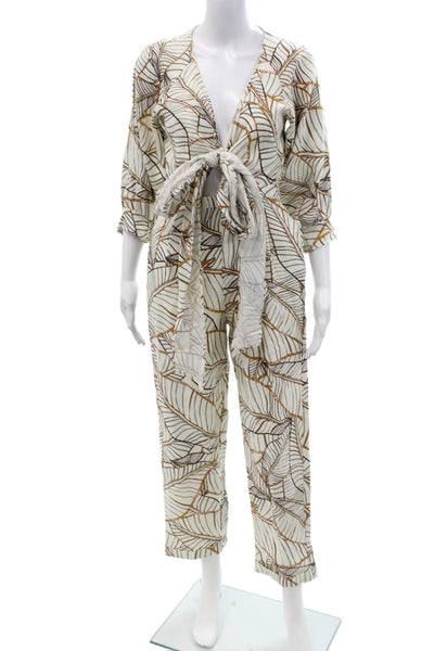 Nicholas Women Beige Linen Geometric V-Neck Jumpsuit 3/4 Sleeve Size 0