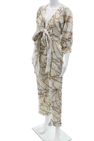 Nicholas Women Beige Linen Geometric V-Neck Jumpsuit 3/4 Sleeve Size 0