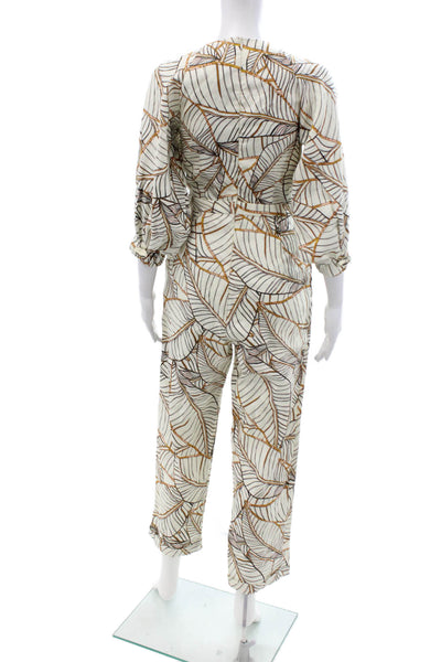 Nicholas Women Beige Linen Geometric V-Neck Jumpsuit 3/4 Sleeve Size 0