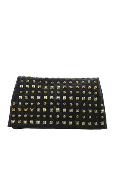 Romy Gold Womens Leather Studded Foldover Clutch Bag Black
