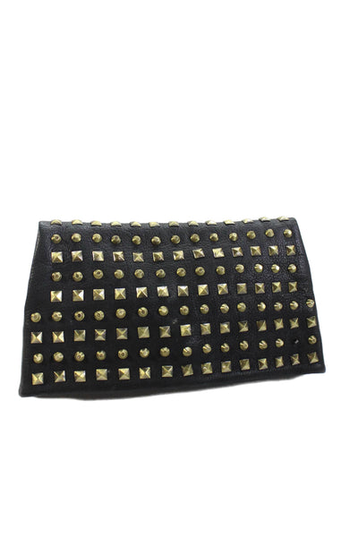 Romy Gold Womens Leather Studded Foldover Clutch Bag Black