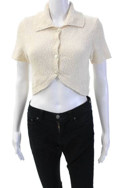 Zara Women Cropped Collared Button Up Beige Cotton Short Sleeve Top Size S
