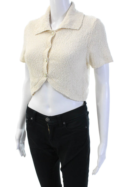 Zara Women Cropped Collared Button Up Beige Cotton Short Sleeve Top Size S