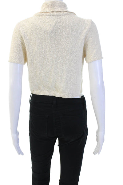 Zara Women Cropped Collared Button Up Beige Cotton Short Sleeve Top Size S