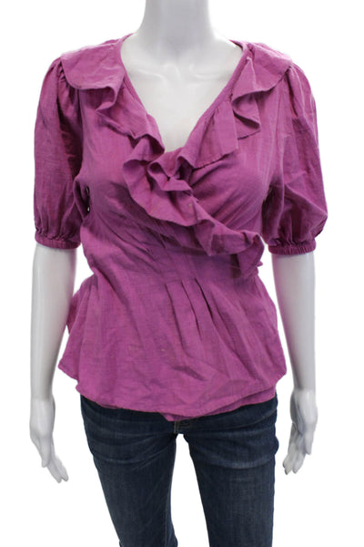 Roller Rabbit Womens Bohemian Purple V Neck 3/4 Sleeve Cotton Blouse Size S