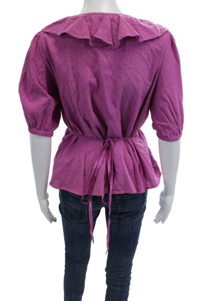 Roller Rabbit Womens Bohemian Purple V Neck 3/4 Sleeve Cotton Blouse Size S