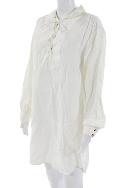 Xirena Unisex White Linen Short Bohemian Long Sleeve Button Dress Size XS