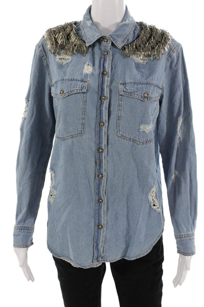 Seta Apparel Womens Denim Collared Button Long Sleeve Jacket Blue Grunge Size S