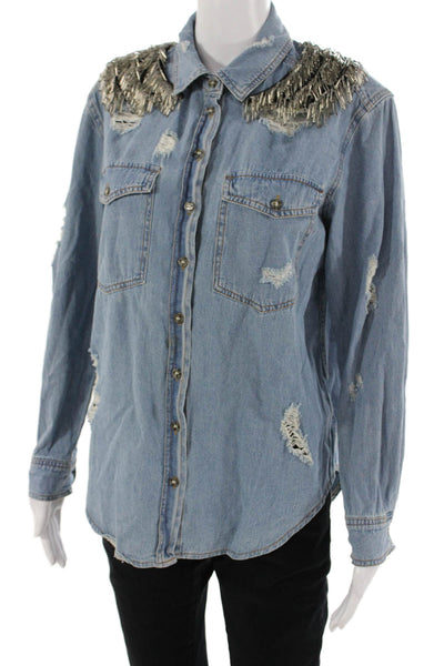 Seta Apparel Womens Denim Collared Button Long Sleeve Jacket Blue Grunge Size S