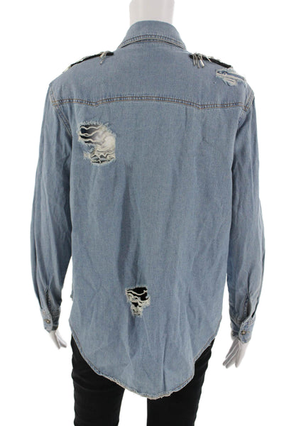 Seta Apparel Womens Denim Collared Button Long Sleeve Jacket Blue Grunge Size S