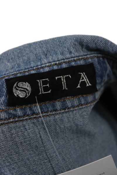 Seta Apparel Womens Denim Collared Button Long Sleeve Jacket Blue Grunge Size S