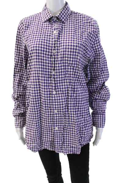 J Crew Unisex Purple Cotton Collared Check Long Sleeve Basic Button-Up Size L