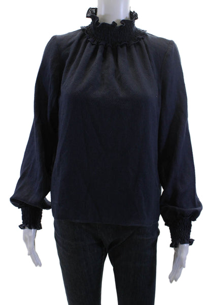 Warm Womens Dark Blue High Neck Long Sleeve Bohemian Blouse Size 2