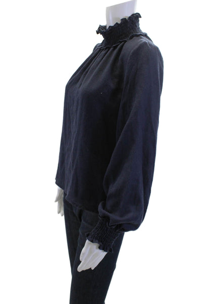 Warm Womens Dark Blue High Neck Long Sleeve Bohemian Blouse Size 2