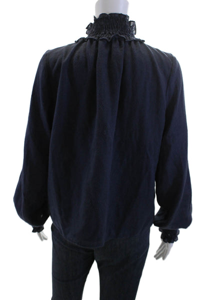 Warm Womens Dark Blue High Neck Long Sleeve Bohemian Blouse Size 2