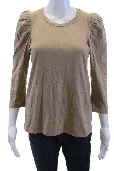 Pomander Place Women Beige Basic T-Shirt Cotton Crew Neck 3/4 Sleeve Size S