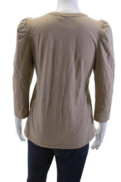 Pomander Place Women Beige Basic T-Shirt Cotton Crew Neck 3/4 Sleeve Size S