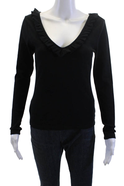 Sundays Womens Black V-Neck Cotton Blend Long Sleeve Classic Sweater Size 1