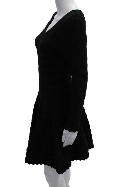 Alaia Womens Fit & Flare Sweater Dress Black V Neck Long Sleeve Size XS