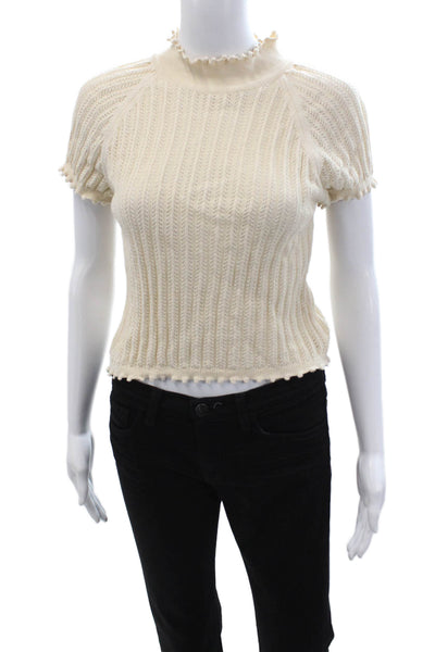 Anthropologie Women Pullover Beige Mock Neck Short Sleeve Cotton Size S
