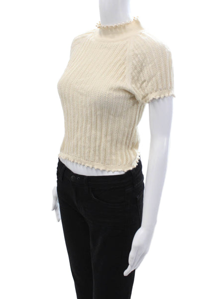 Anthropologie Women Pullover Beige Mock Neck Short Sleeve Cotton Size S
