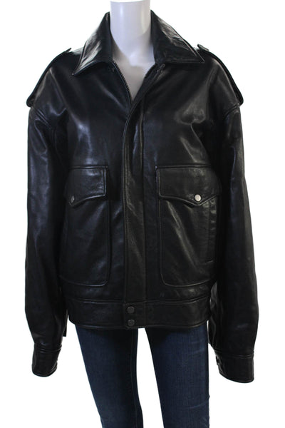 Manokhi Mens Bomber Jacket Biker Black Leather Button Collared Size L