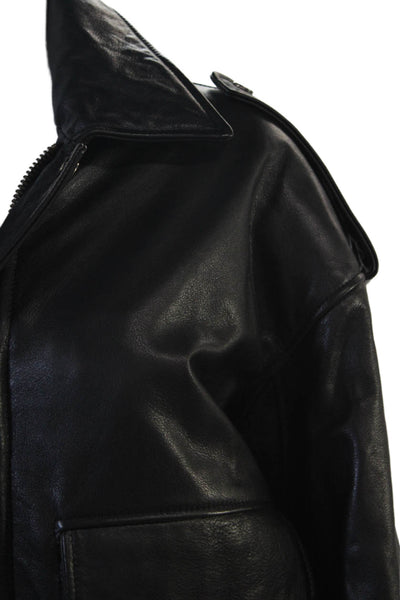 Manokhi Mens Bomber Jacket Biker Black Leather Button Collared Size L