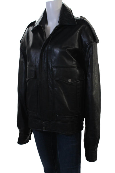 Manokhi Mens Bomber Jacket Biker Black Leather Button Collared Size L