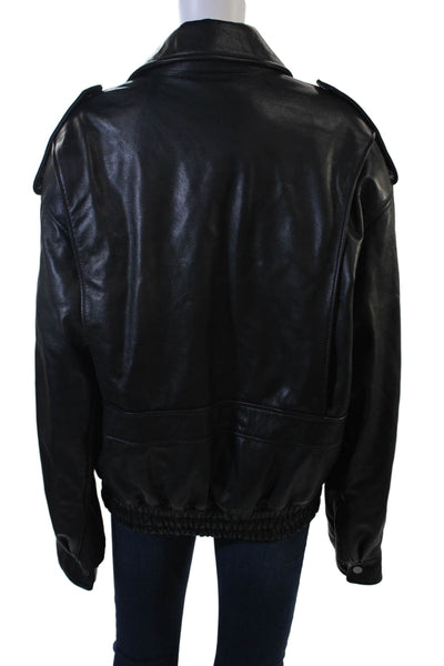 Manokhi Mens Bomber Jacket Biker Black Leather Button Collared Size L