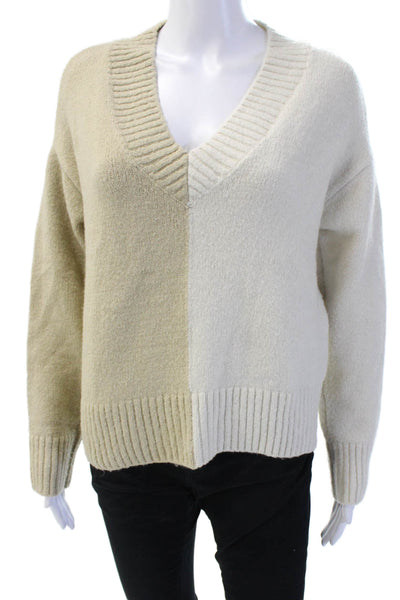 Aqua Unisex Pullover V-Neck Beige Sweater Long Sleeve 76% Acrylic Size S