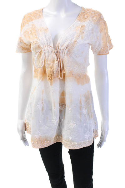 Letarte Women Bohemian Floral V-Neck Cotton Tunic Short Sleeve Beige Size XS