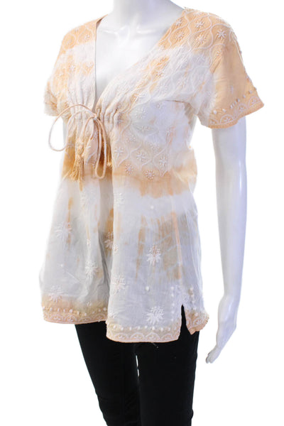 Letarte Women Bohemian Floral V-Neck Cotton Tunic Short Sleeve Beige Size XS