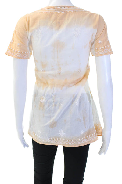 Letarte Women Bohemian Floral V-Neck Cotton Tunic Short Sleeve Beige Size XS