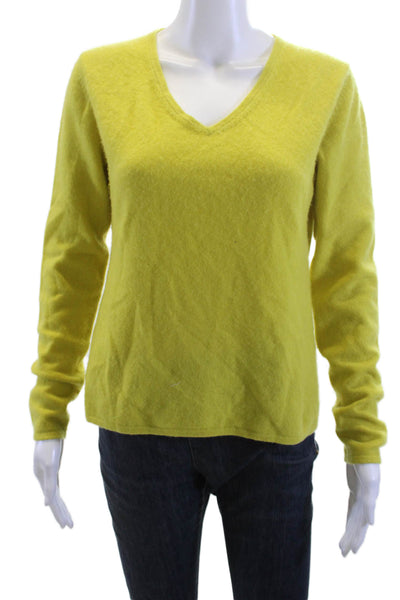 Sofia Cashmere Women V-Neck Yellow Cashmere Pullover Sweater Long Sleeve Size L