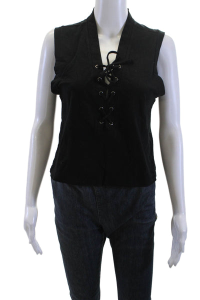 Amo Women Cropped Black Cotton V-Neck Lace Up Tank Size S