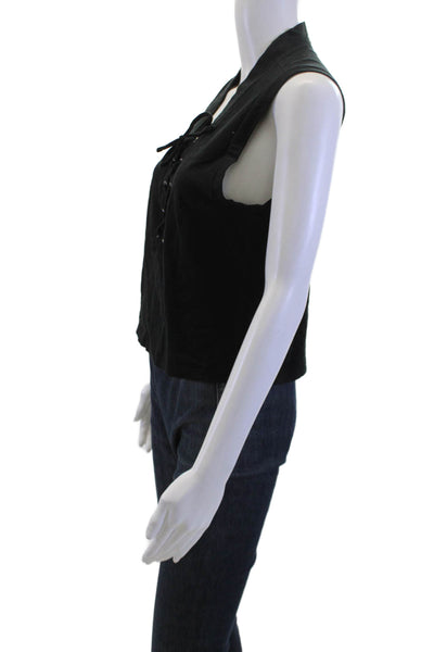 Amo Women Cropped Black Cotton V-Neck Lace Up Tank Size S