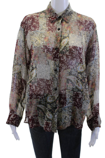 The Line Women Red Paisley Collared Button Up Blouse Long Sleeve Size M
