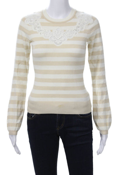 Karen Millen Women Striped Crew Neck Long Sleeve Pullover Sweater Beige Size XS