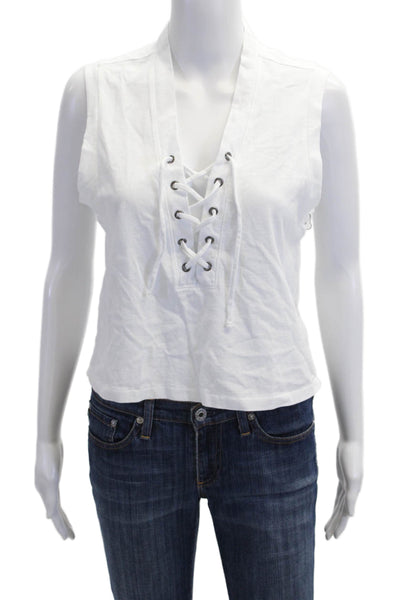 Amo Women Cropped Lace Up Tank White Cotton Sleeveless 90s Size S