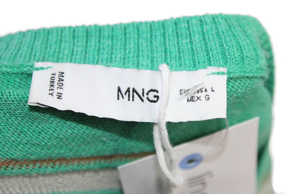 MNG Unisex Green Striped Crew Neck Pullover Long Sleeve Polyester Size L