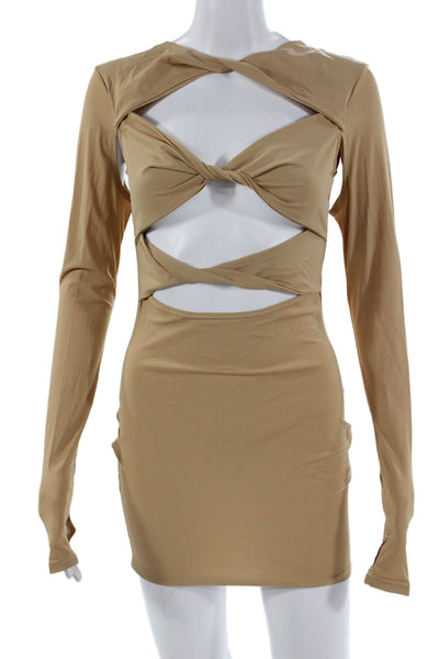 Lioness Women Bodycon Mini Dress Beige Long Sleeve Zip Size S