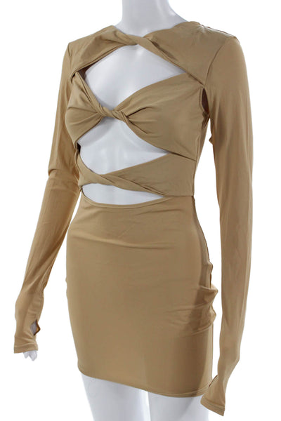 Lioness Women Bodycon Mini Dress Beige Long Sleeve Zip Size S