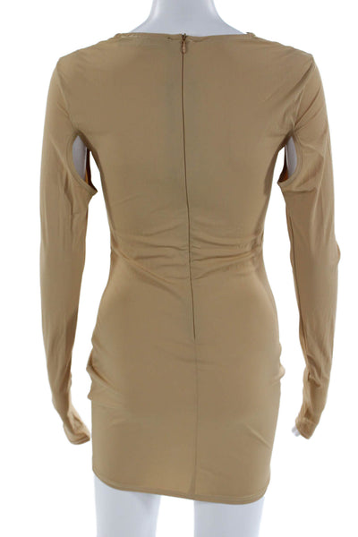Lioness Women Bodycon Mini Dress Beige Long Sleeve Zip Size S